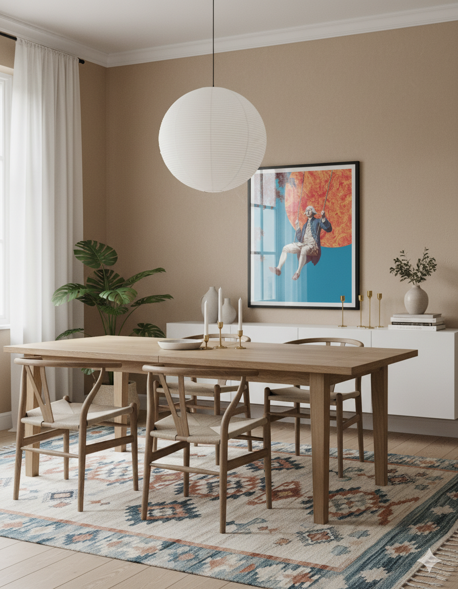 Dining room with wooden table and chairs, modern light fixture, and artwork on the wall.