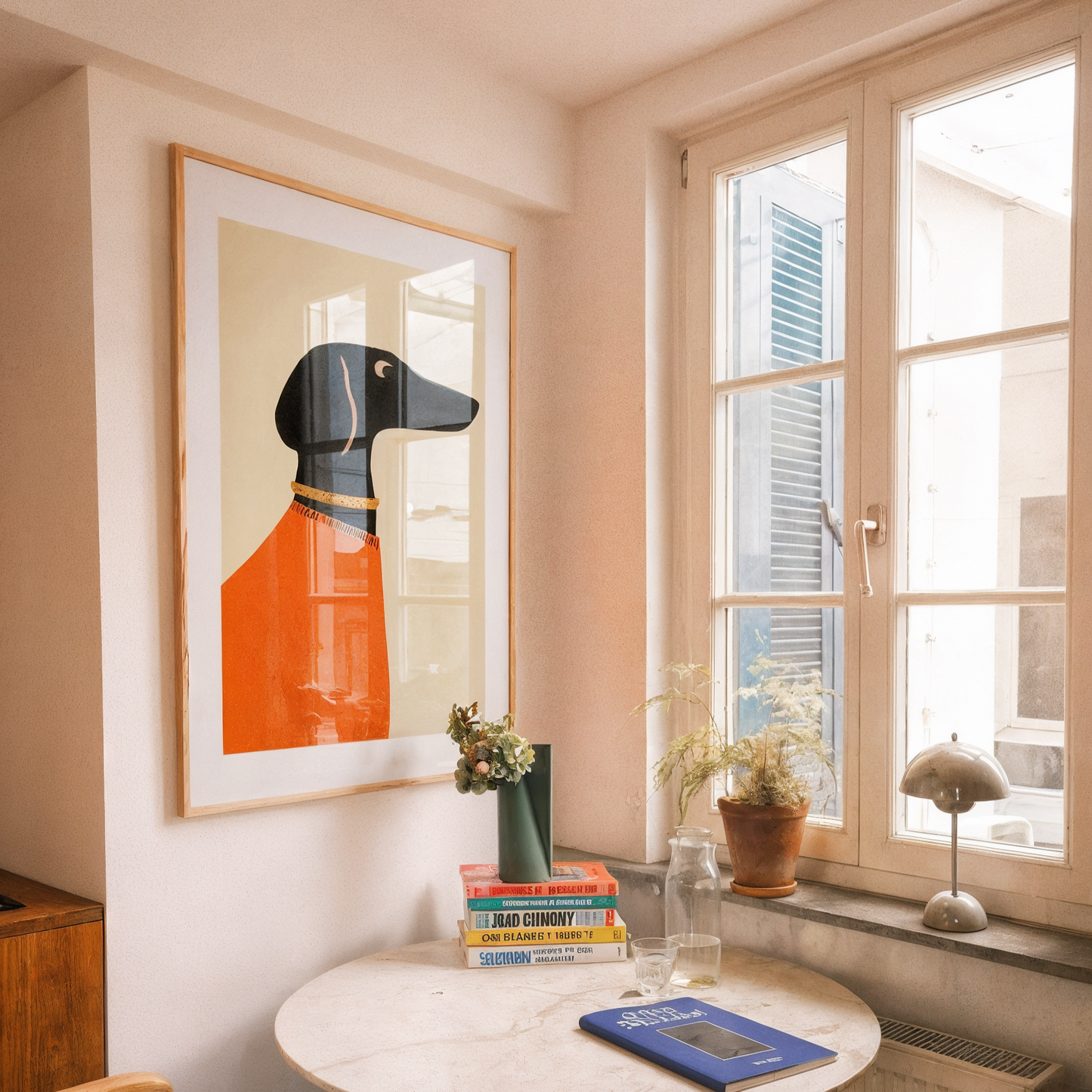 Small dining area with a round table, chairs, and a framed picture of a dog on the wall.