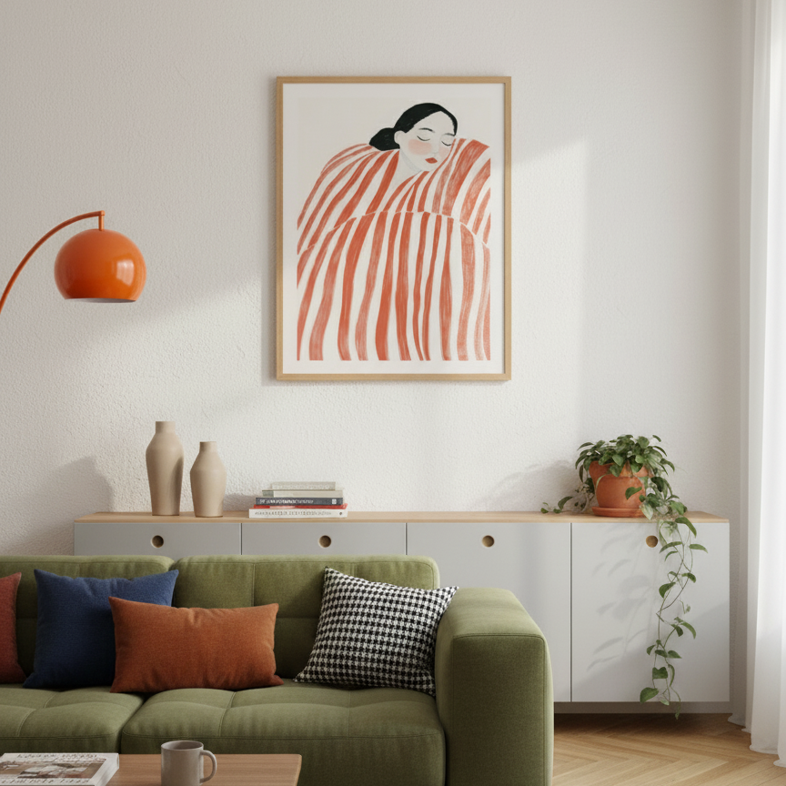 Modern living room with green sofa, colorful cushions, and a framed artwork on the wall.