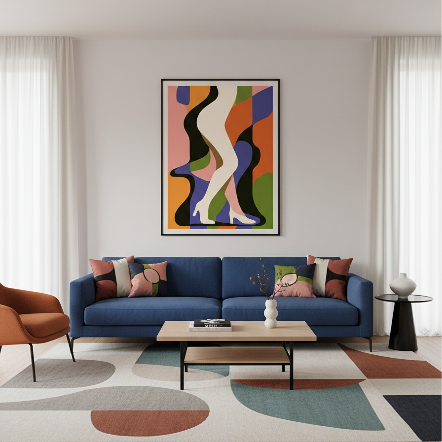 Modern living room with a blue sofa, colorful rug, and abstract art on the wall.