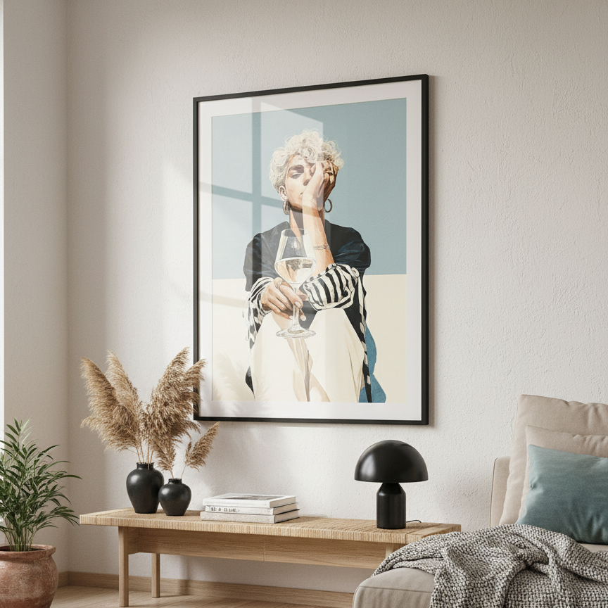 Living room with a framed picture on the wall, a coffee table with decor items, and a sofa.