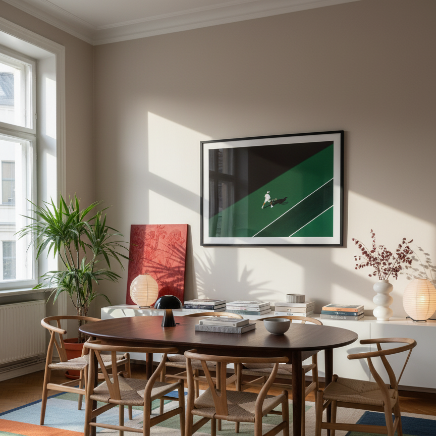 Dining room with wooden table and chairs, colorful rug, and framed artwork of a tennis court.