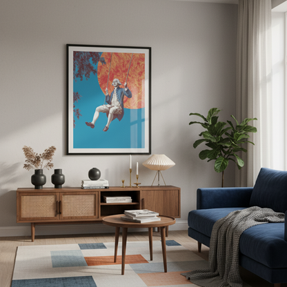 Modern living room with a blue sofa, wooden sideboard, and colorful abstract painting.