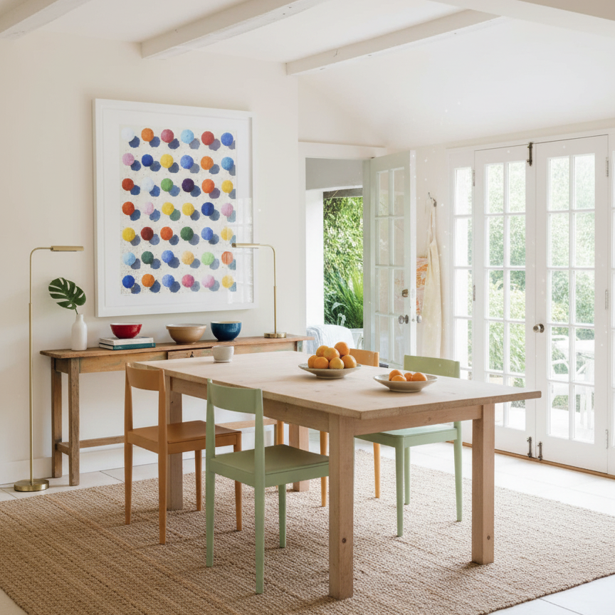 Dining room with wooden table, chairs, and colorful abstract art on the wall.