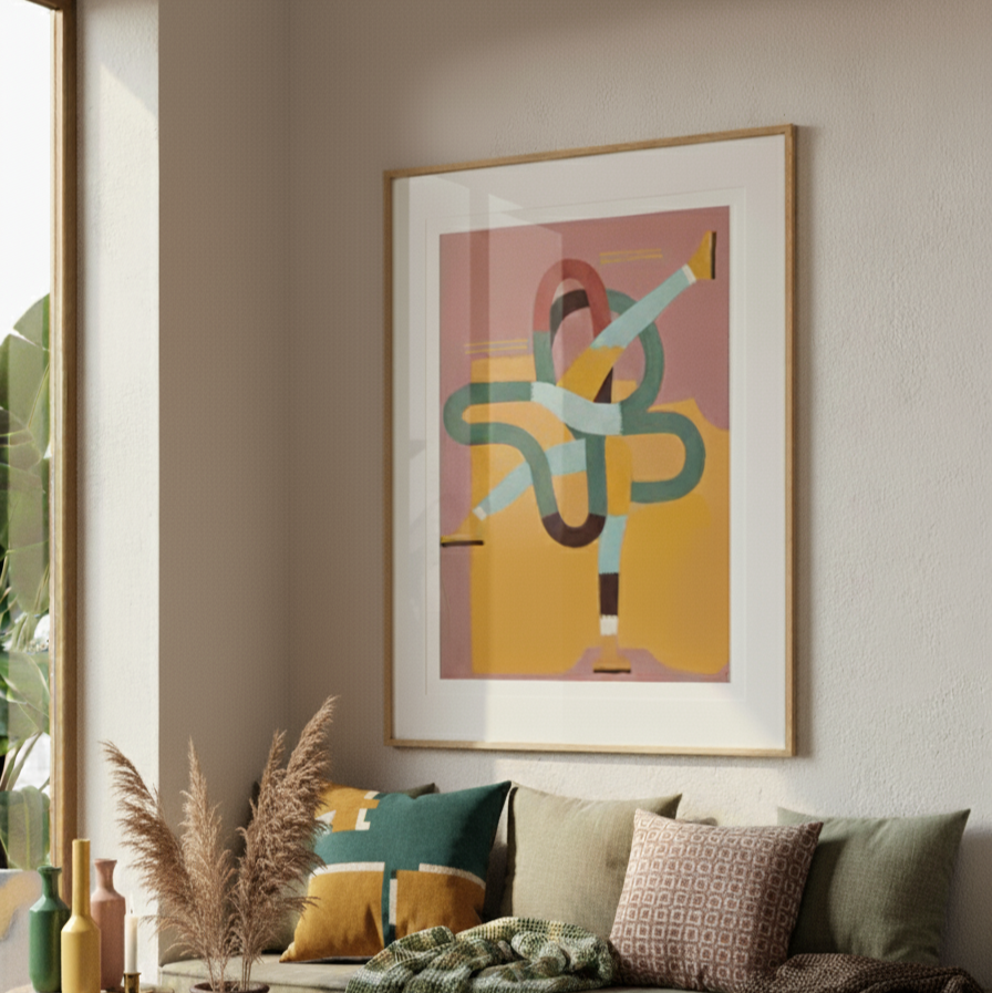 Living room with a colorful abstract painting on the wall, a sofa with cushions, and decorative items.