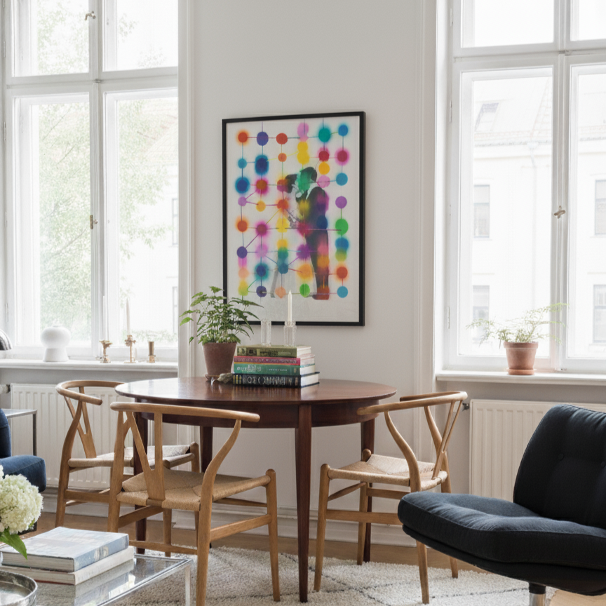 Dining room with wooden table and chairs, colorful abstract art on the wall, and a black chair.
