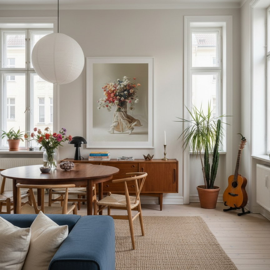 Living room with a blue sofa, wooden table, and guitar