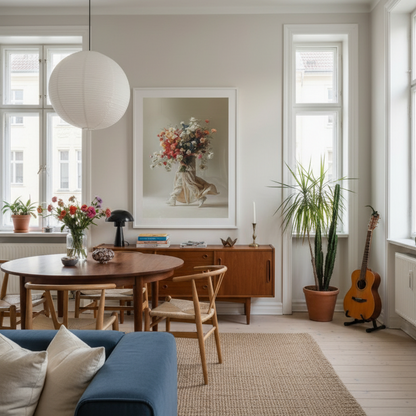 Living room with a blue sofa, wooden table, and guitar