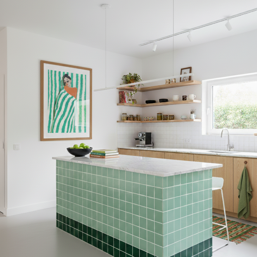 Modern kitchen with green tiled island and white countertop
