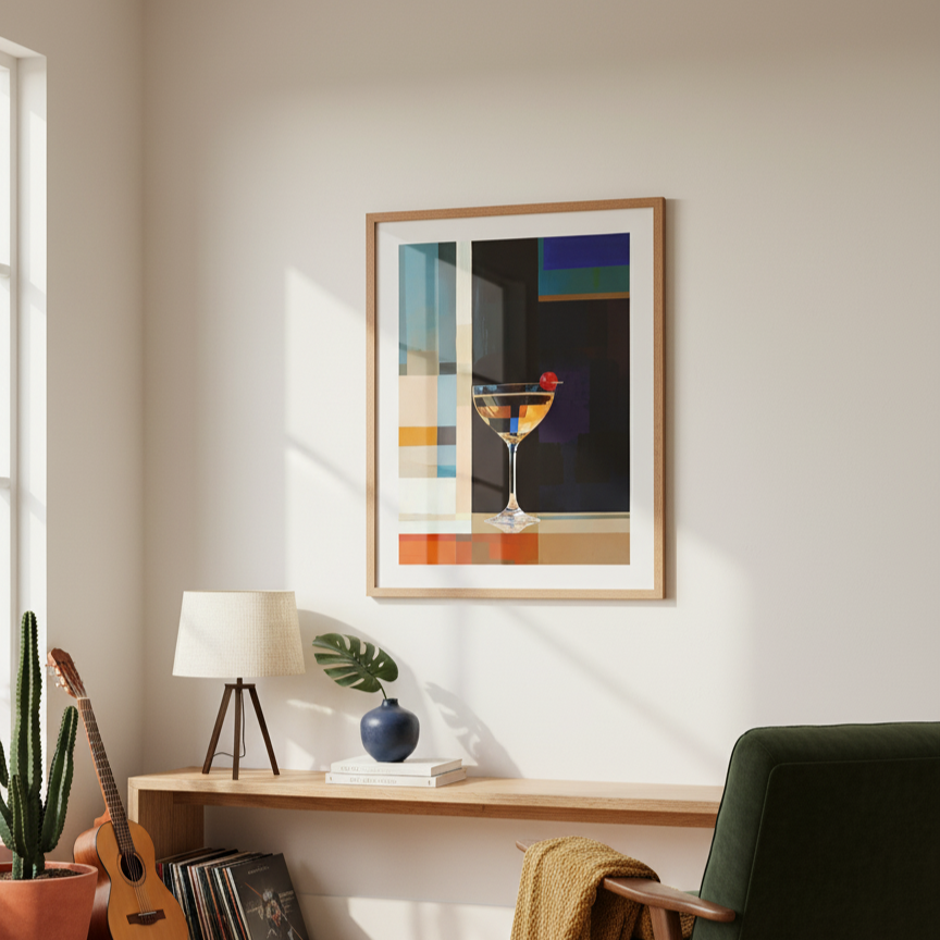 Modern living room with a framed artwork, guitar, and green armchair.