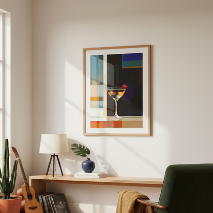 Modern living room with a framed artwork, guitar, and green armchair.