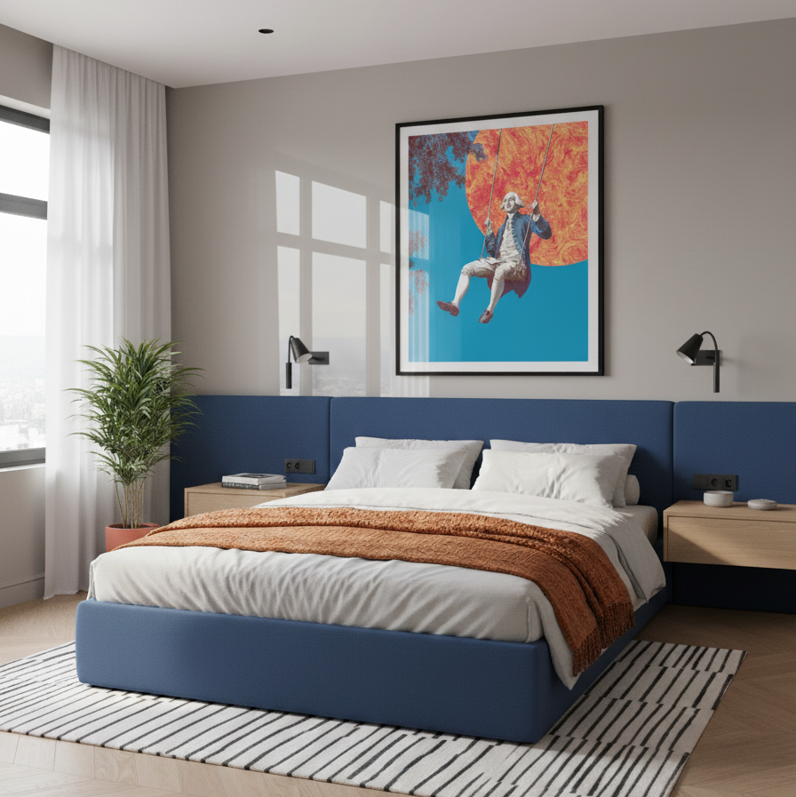 Modern bedroom with a blue bed, white pillows, and a colorful abstract painting on the wall.