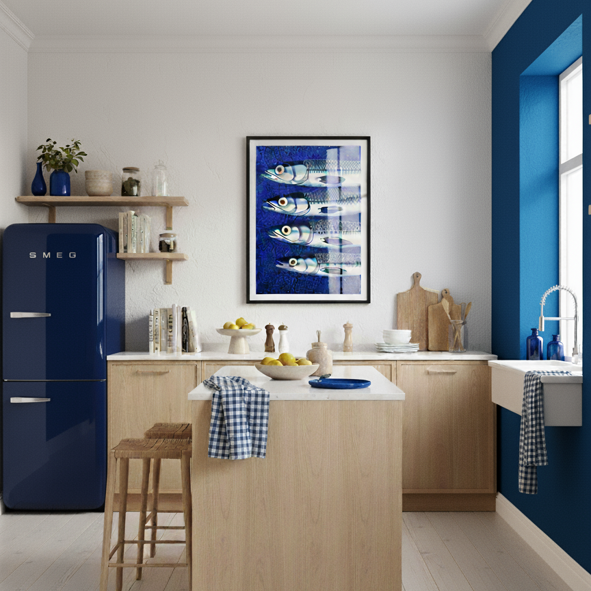 Modern kitchen with blue refrigerator, wooden island, and white walls.