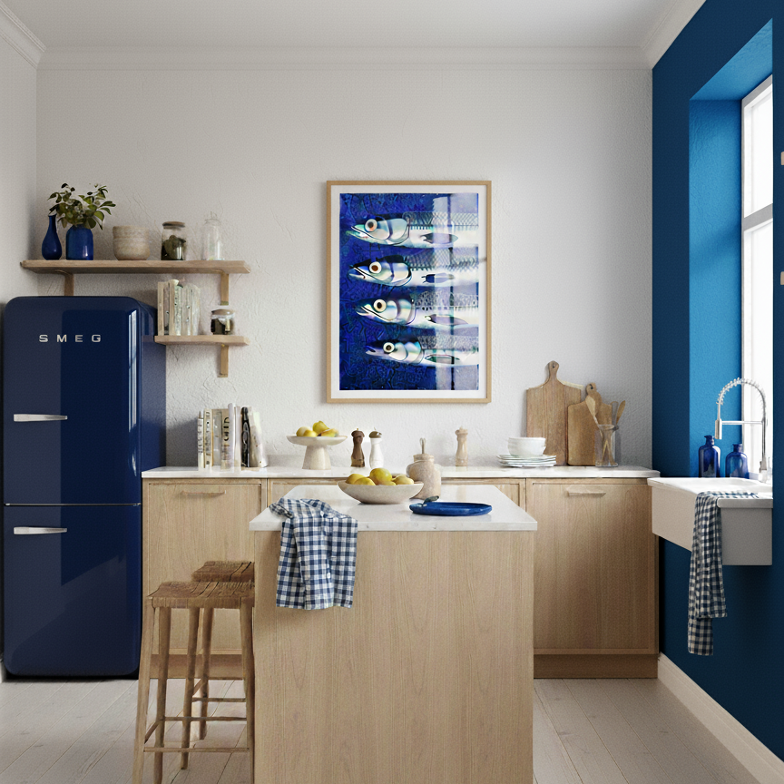 Modern kitchen with blue refrigerator, wooden island, and white walls.