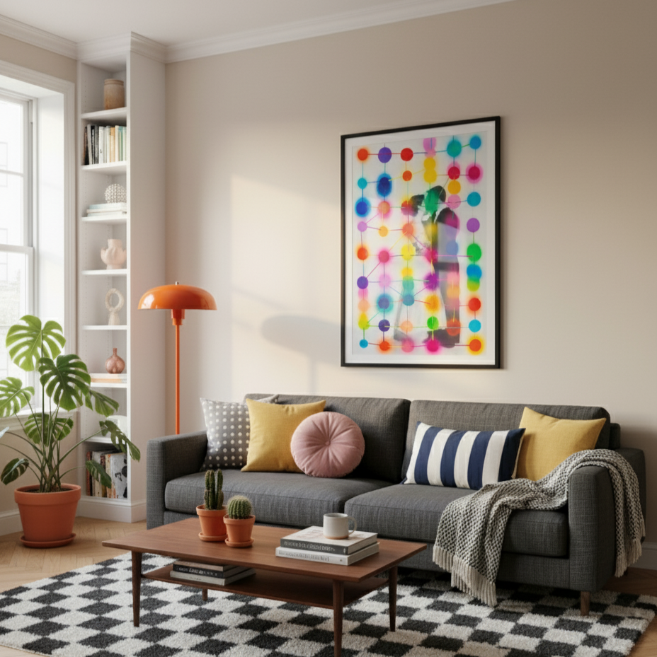 Modern living room with a gray sofa, colorful artwork, and patterned rug.