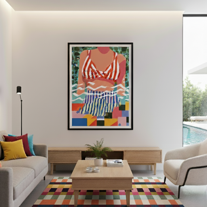 Modern living room with colorful rug, sofa, coffee table, and abstract art on the wall.