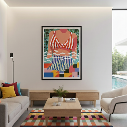 Modern living room with colorful rug, sofa, coffee table, and abstract art on the wall.