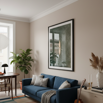 Modern living room with a blue sofa, colorful rug, and framed artwork.