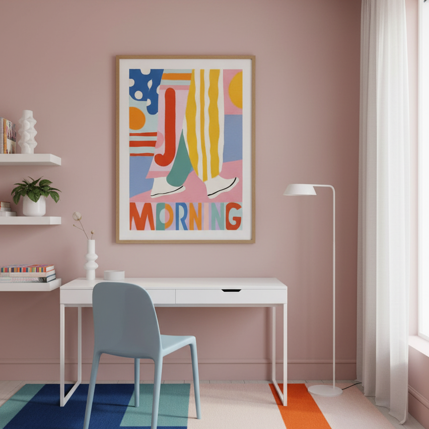 Modern home office with a colorful 'Morning' poster on a pink wall, white desk, and blue chair.