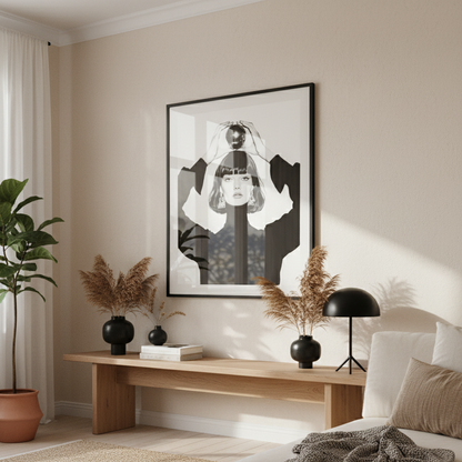 Modern bedroom with a bench, framed artwork, and decorative plants.