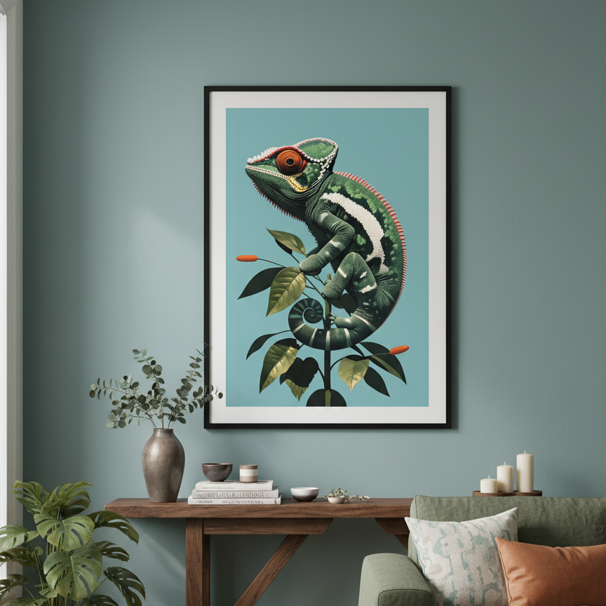 Framed artwork of a chameleon on a blue background in a living room setting.