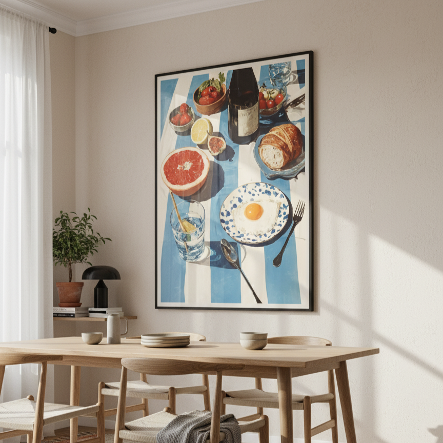 Dining room with a wooden table and chairs, colorful rug, and a large framed artwork on the wall.
