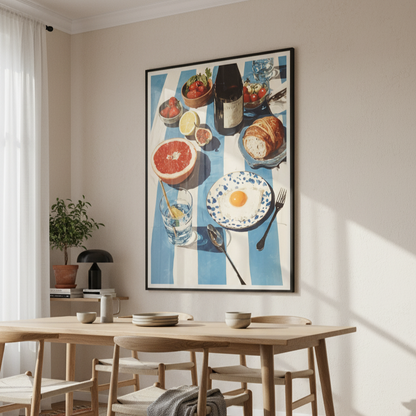 Dining room with a wooden table and chairs, colorful rug, and a large framed artwork on the wall.