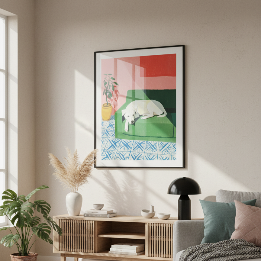 Modern living room with a colorful abstract painting on the wall, a sofa, and decorative items.