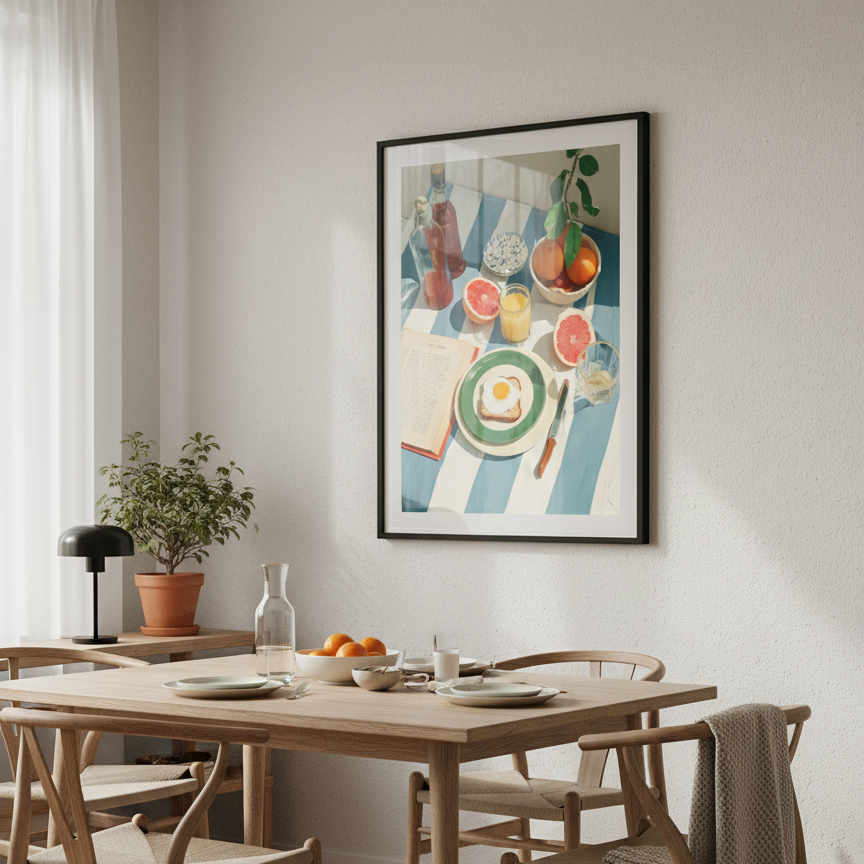 Dining room with wooden table and chairs, colorful rug, and framed artwork on the wall.