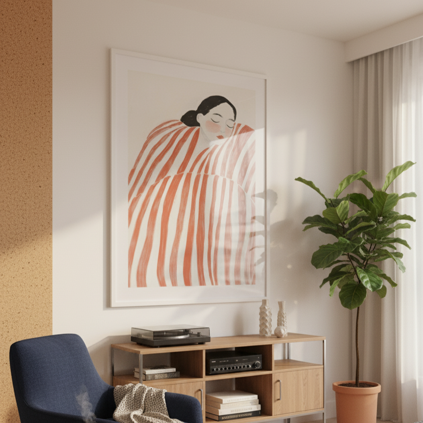 Modern living room with a blue armchair, wooden side table, and abstract artwork on the wall.