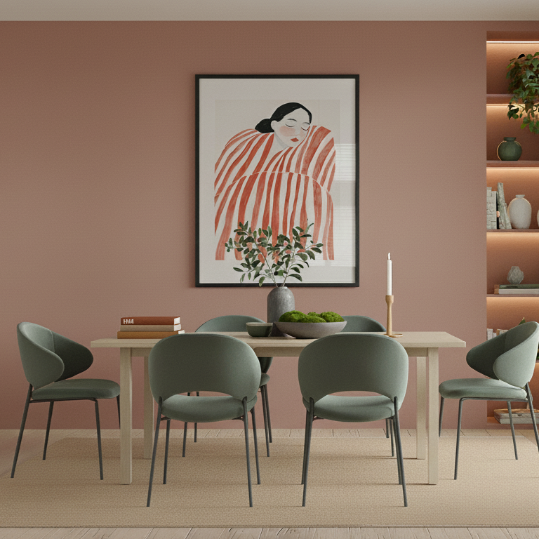 Modern dining room with pink walls, a table, chairs, and a shelf with decorative items.