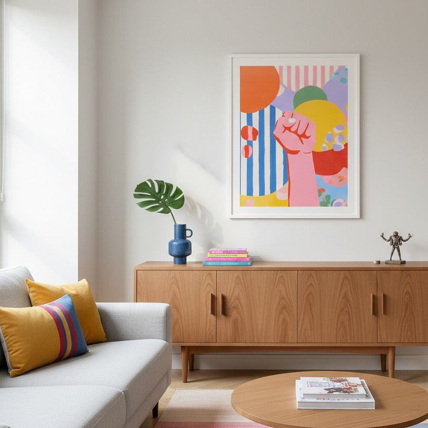 Modern living room with a colorful abstract painting on the wall, wooden cabinet, and a sofa with cushions.