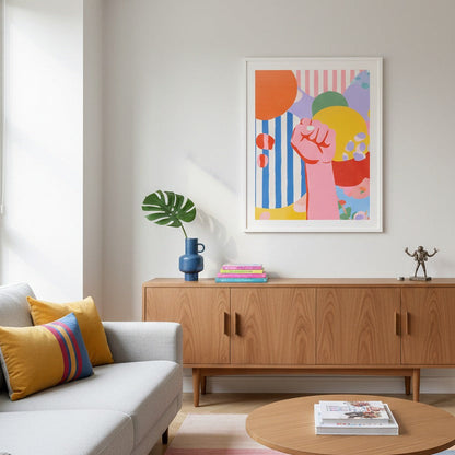 Modern living room with a colorful abstract painting on the wall, wooden cabinet, and a sofa with cushions.