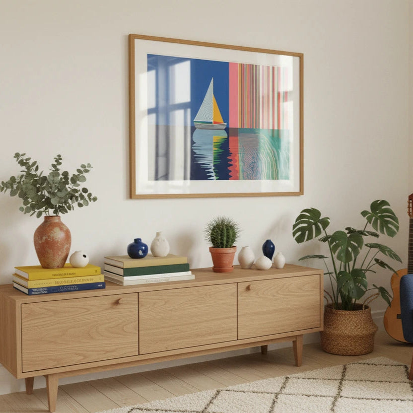 Living room with wooden sideboard, blue armchair, and colorful abstract painting.