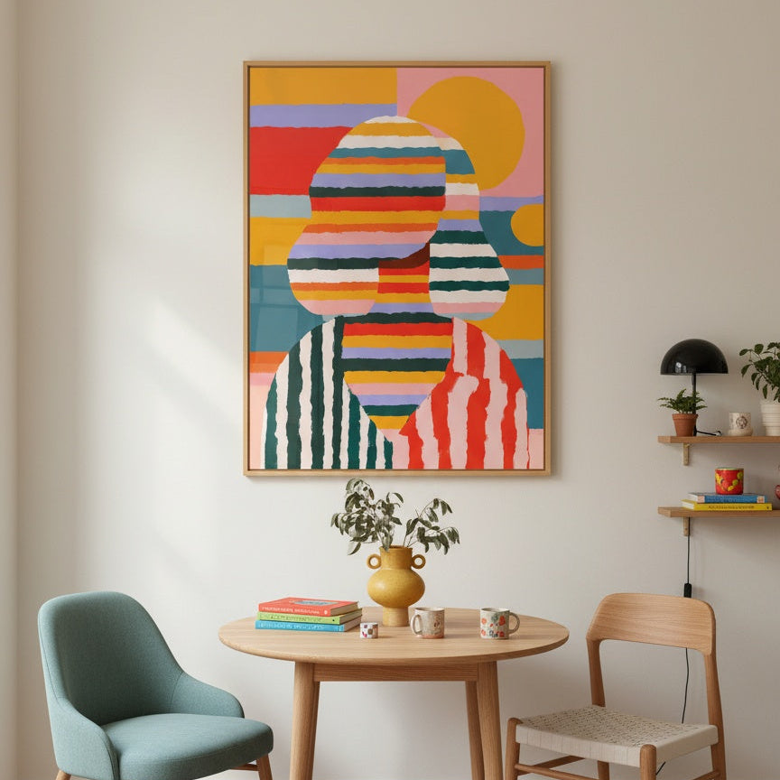 Modern interior with a colorful abstract painting, round wooden table, and chairs.