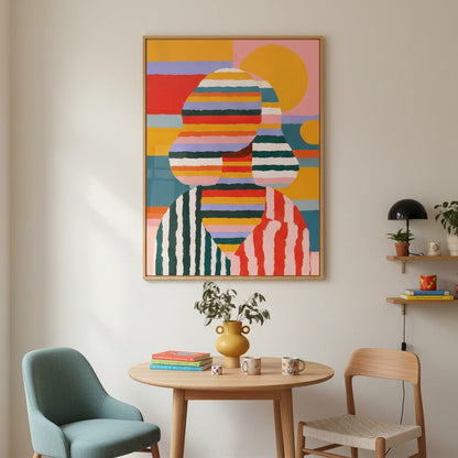 Modern interior with a colorful abstract painting, round wooden table, and chairs.