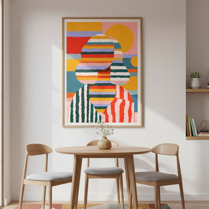 Dining room with a colorful abstract painting on the wall, wooden table, and chairs.