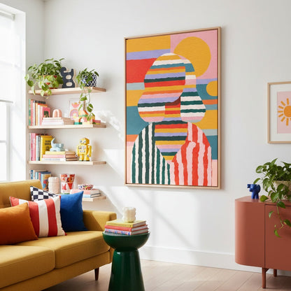 Modern living room with a colorful abstract painting on the wall, yellow sofa, and wooden floor.